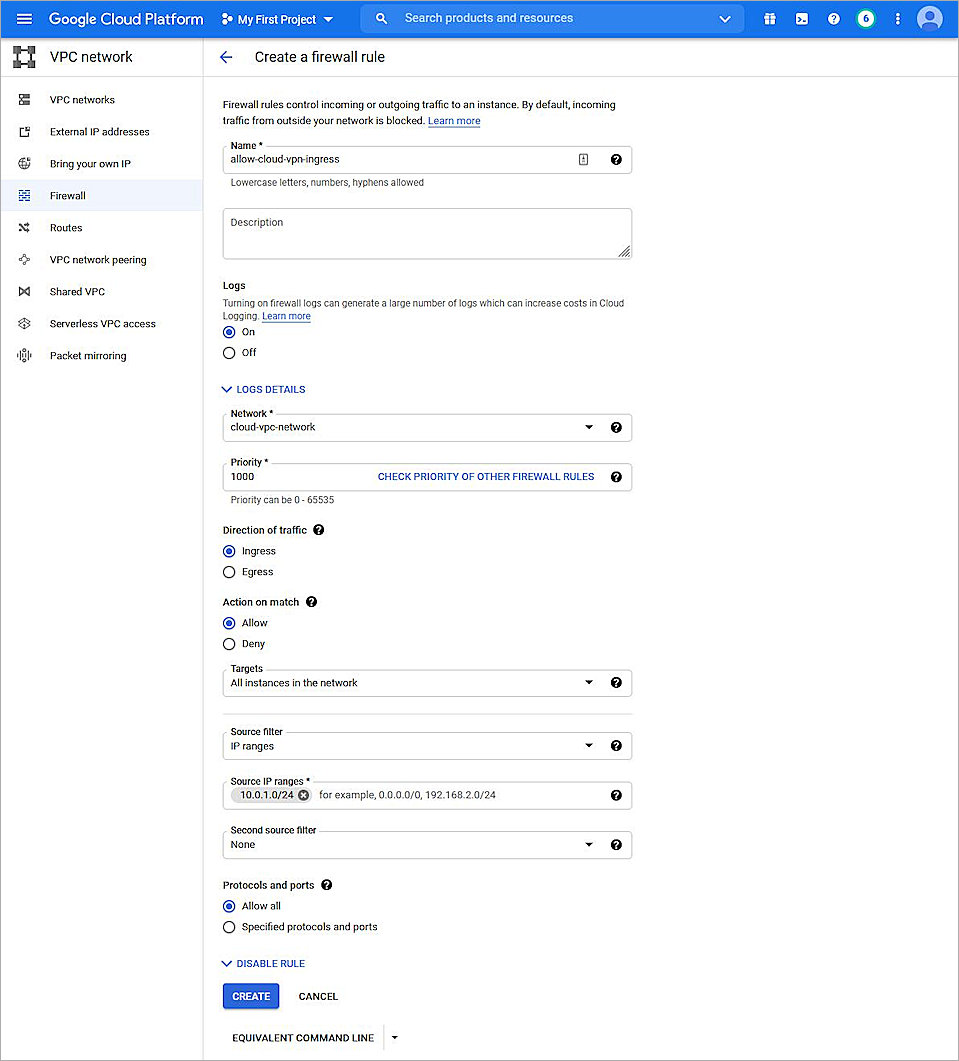 Screen shot of the firewall rule settings in Google Cloud